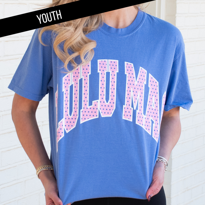 YOUTH Lulu Mac Flo Blue Comfort Colors Tee.  Pink Polka Dots.  Youth Small Only