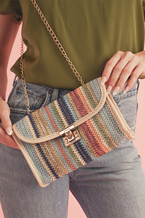 Colorful Striped Flapped Purse with Gold Chain