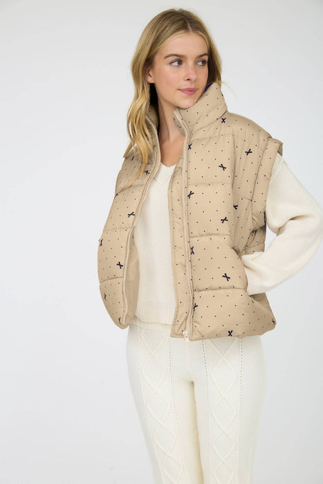 Bow & Polka Dot Pattern Zip-Up Puffer Vest