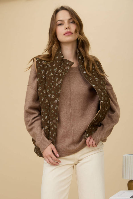 Brown Floral Quilted Zip-Up Puffer Vest
