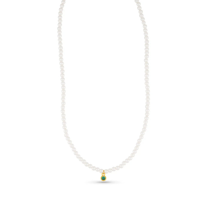 Gold Pearl Bead Emerald Mini Necklace