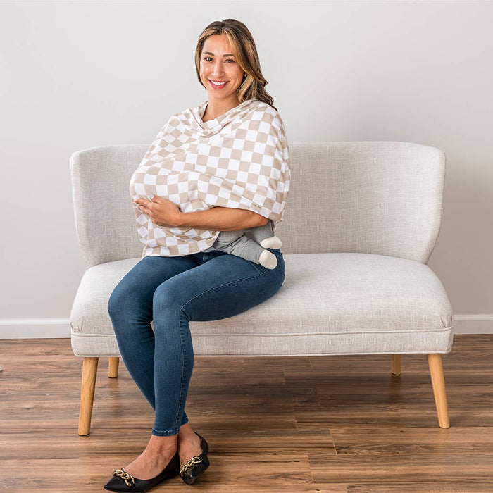 Taupe Checkerboard Mom Boss™ 4-in-1 multi-use cover.  Cover Car Seats, Strollers, Nursing Cover and more!