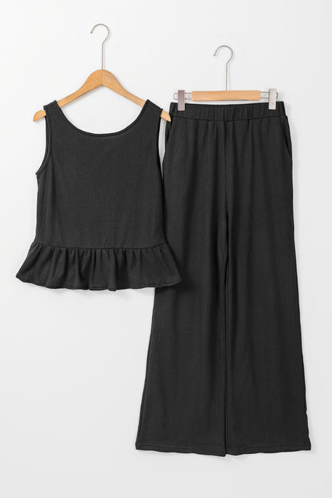 Women's Ribbed Ruffle Tank Top & Wide-Leg Trouser Set