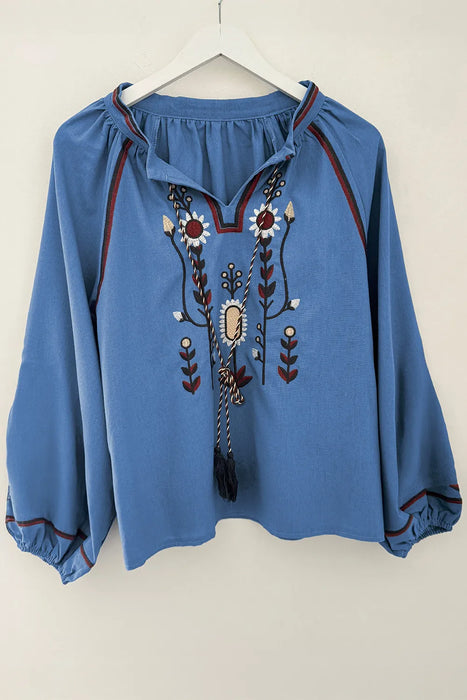 Embroidered Floral Cotton Blouse - Blue Bohemian Style Top