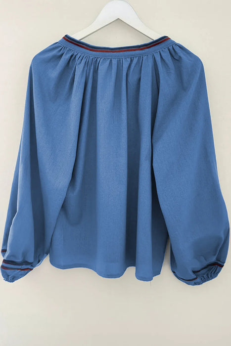 Embroidered Floral Cotton Blouse - Blue Bohemian Style Top