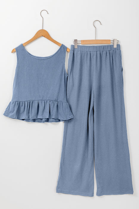 Women's Ribbed Ruffle Tank Top & Wide-Leg Trouser Set