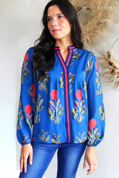Vibrant Floral V-Neck Long Sleeve Top with Contrast Trim