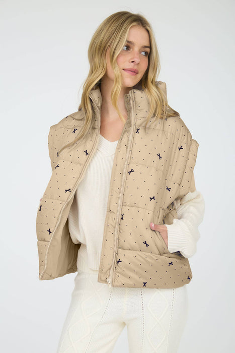 Bow & Polka Dot Pattern Zip-Up Puffer Vest