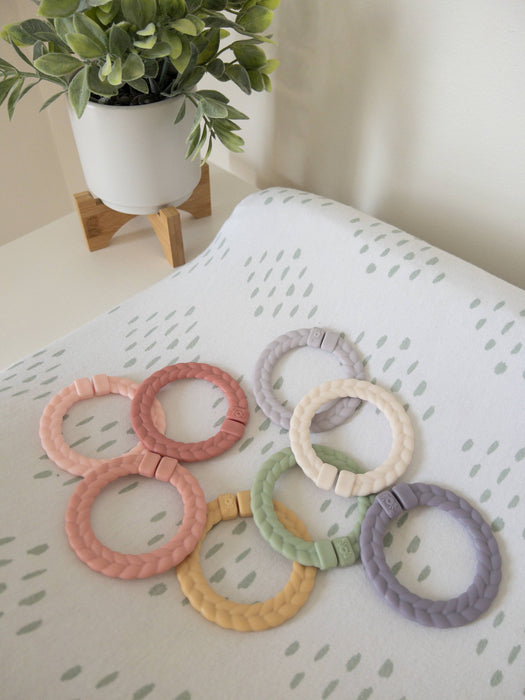 Bitzy Bespoke Itzy Rings™ Linking Ring Set: Muted Rainbow Color.  Use as a teether, toy, or to attach things to a stroller.