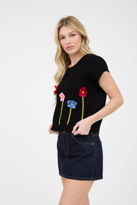 3d Floral Crochet Short Sleeve Sweater