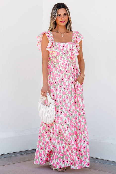 Pink & Green Floral Ruffled Sleeved Maxi Dress