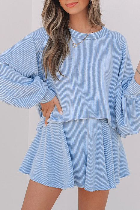 Sky Blue Ribbed Knit Lantern Sleeve Top & Ruffled Mini Skort Set