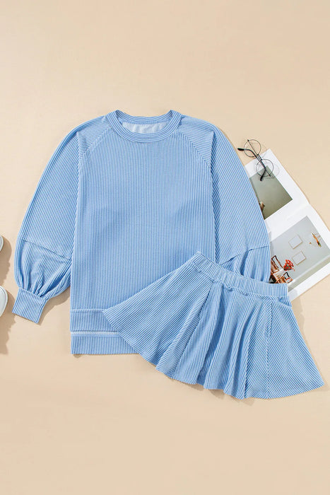 Sky Blue Ribbed Knit Lantern Sleeve Top & Ruffled Mini Skort Set