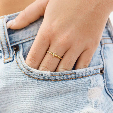 Beaded Cross Stacking Ring- Waterproof 18K Gold PVD Stainless. Available in Many Sizes!