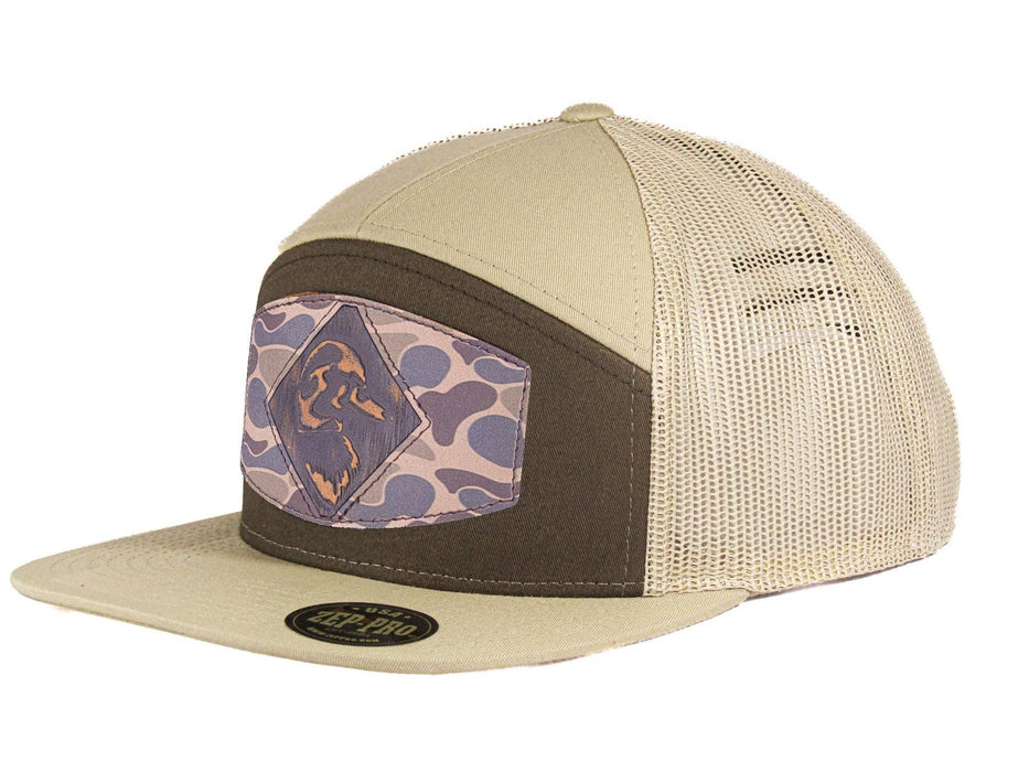 Mallard Old School Camo Brown Leather Patch Hat, 7-Panel Modern Flat Bill Cap.