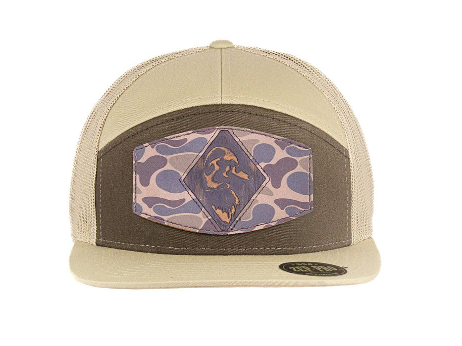Mallard Old School Camo Brown Leather Patch Hat, 7-Panel Modern Flat Bill Cap.
