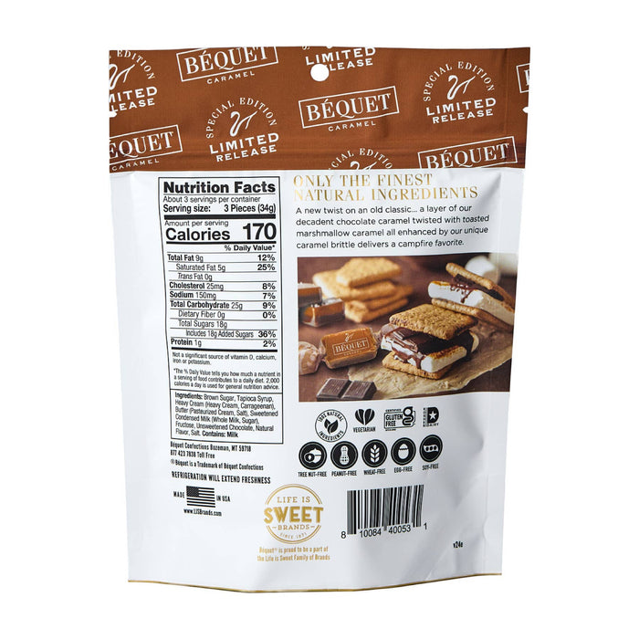 Béquet Gourmet Caramels. 3.6 oz Pouch.  Smore's, Dubai Chocolate or Celtic Sea Salt Caramel