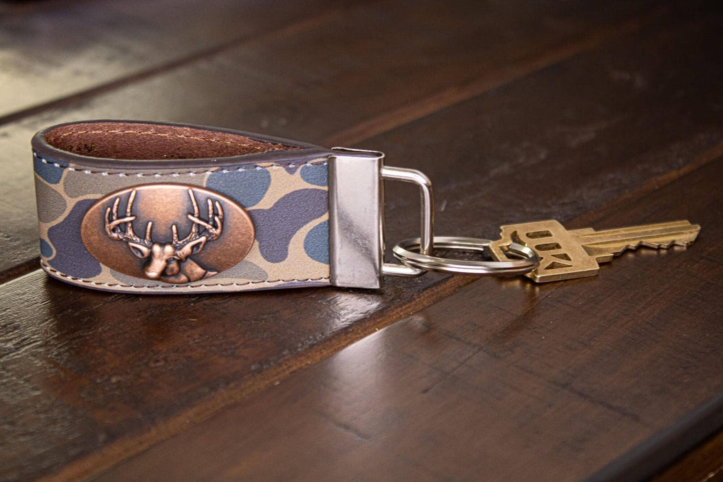 Buck Hunting Old School Camo Leather Loop Keychain