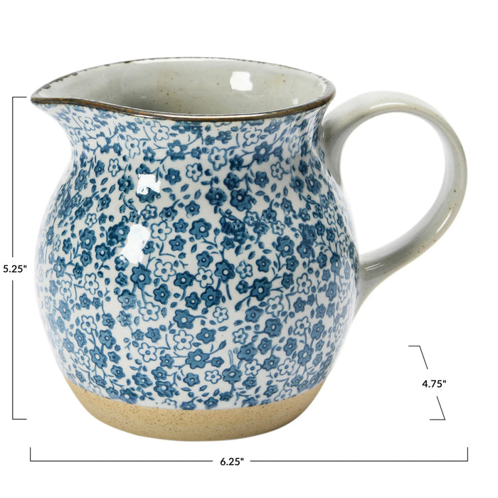 Hand-Painted Stoneware Pitcher with Floral Print