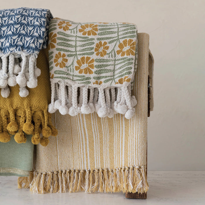 Woven Cotton Blend Throw Blanket with Flowers & Braided Pom Pom Tassels