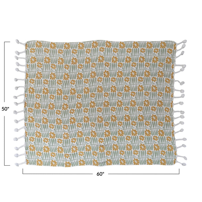 Woven Cotton Blend Throw Blanket with Flowers & Braided Pom Pom Tassels