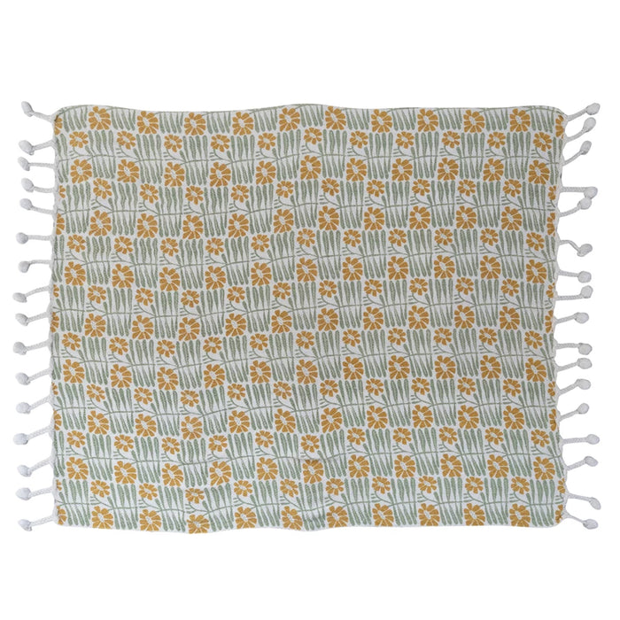 Woven Cotton Blend Throw Blanket with Flowers & Braided Pom Pom Tassels