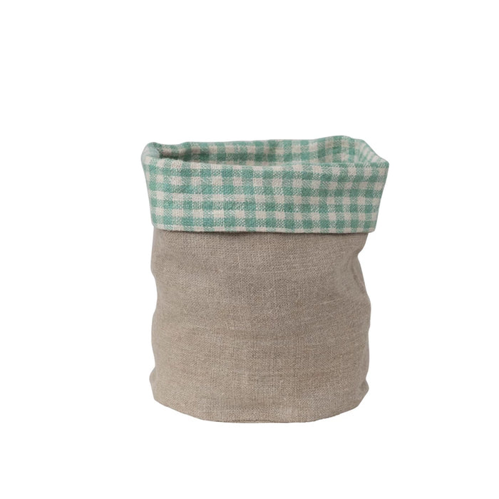 Hand-Woven Linen Bread Basket w/ Gingham Pattern Lining, Aqua