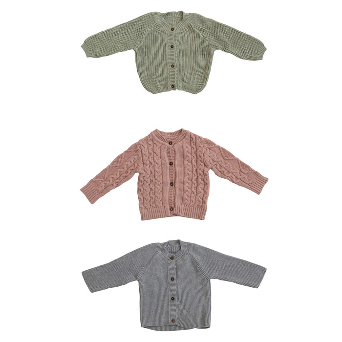Cotton Knit Baby Sweaters with Wood Buttons- Available in 3 colors in 3 sizes!