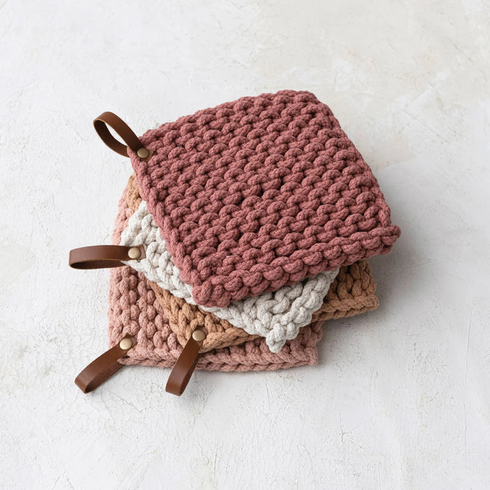 Cotton Crocheted Pot Holders with Leather Loops - 4 Colors!