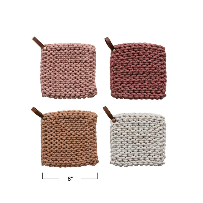 Cotton Crocheted Pot Holders with Leather Loops - 4 Colors!