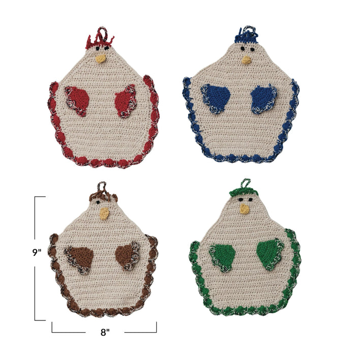 Cotton Crocheted Chicken Shaped Pot Holder w/ Loop, 4 Colors