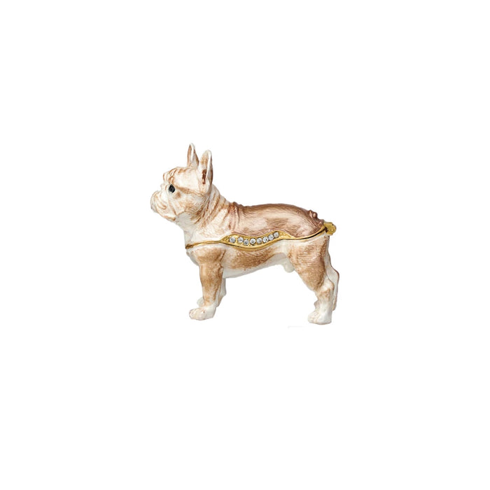 Enameled Metal French Bulldog Shaped Trinket Box w/ Jewels, Gold Finish, Brown & White