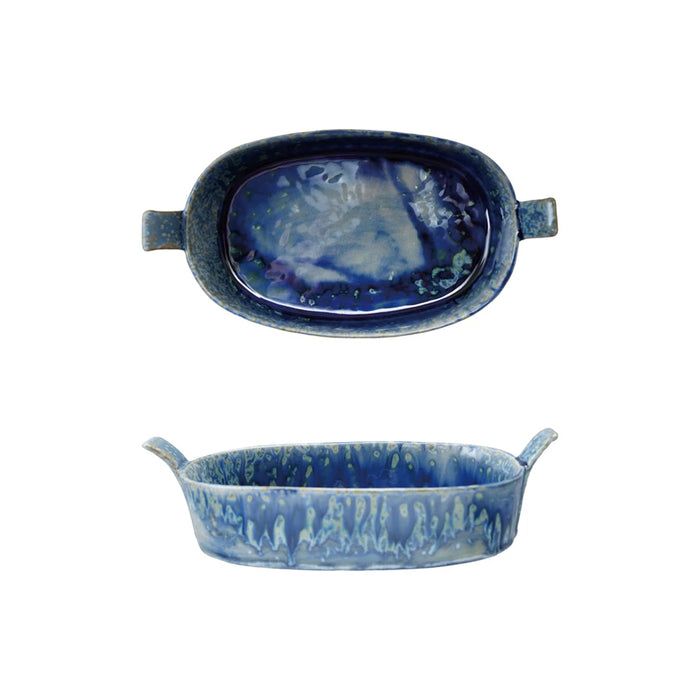 2 Cup Stoneware Baker w/ Handles, Reactive Crackle Glaze, Blue (Each One Will Vary)