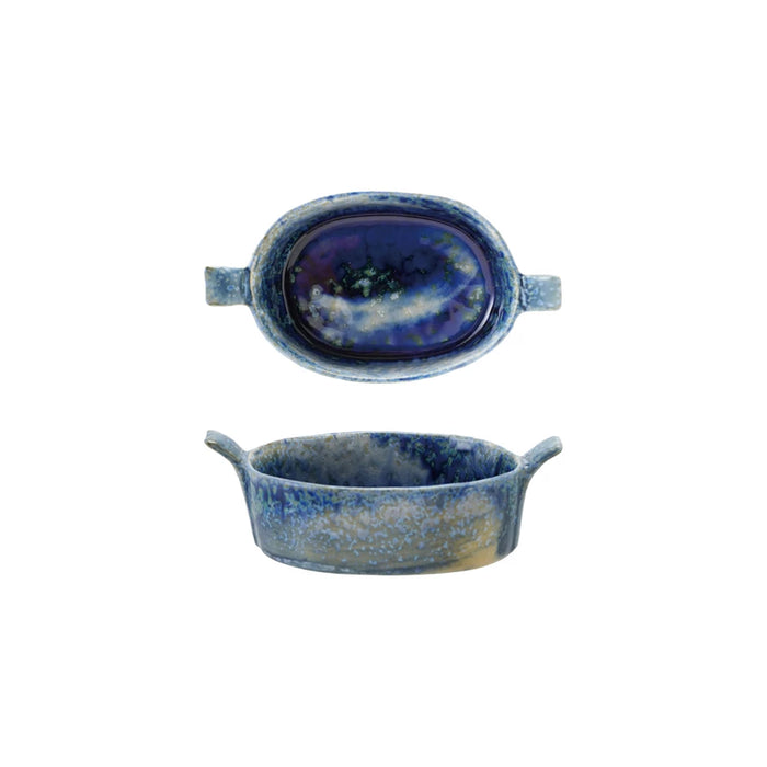 Mini Stoneware Baker w/ Handles, Reactive Crackle Glaze, Blue (Each One Will Vary)