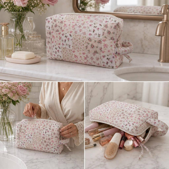 Rose Floral Patchwork Quilted Vanity and Travel Bag