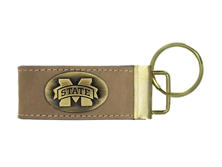 Collegiate Leather Key Fob With Antique Brass Logo- MSU or Ole Miss