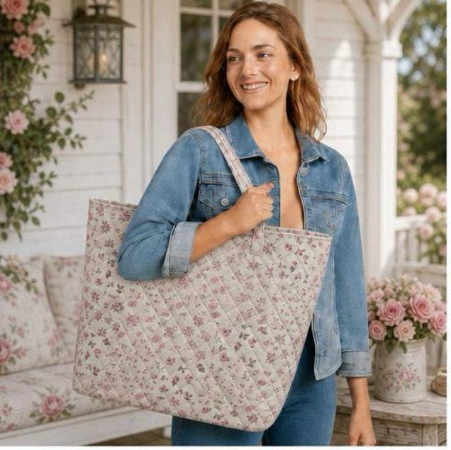 Rose Floral Patchwork Quilted Tote Bag