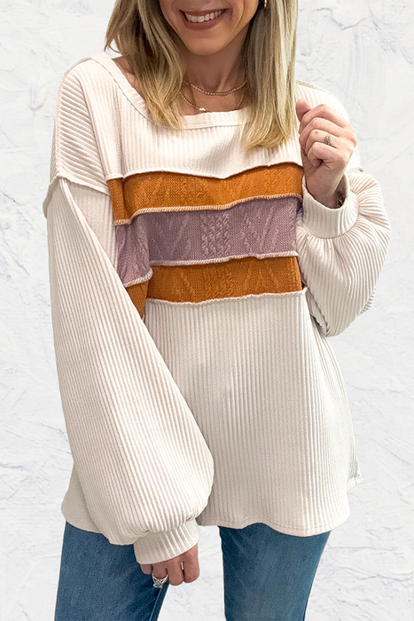 White Corded Exposed Seam Patchwork Sweatshirt