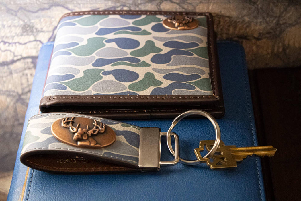 Buck Hunting Old School Camo Leather Loop Keychain