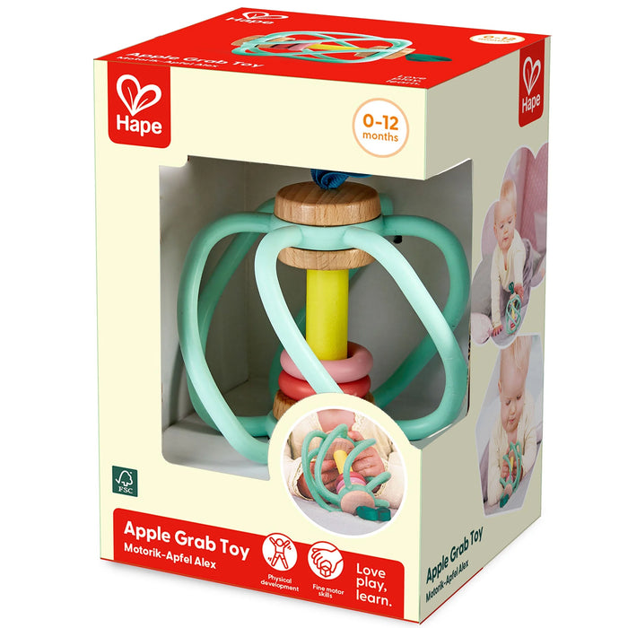 Apple Grab Toy - Green-Yellow-Red - Teether Baby Toy, Wooden Base, Soft Silicone Rings, Safe To Chew, Sensory, Newborn-Baby-Infants Ages 0mo+