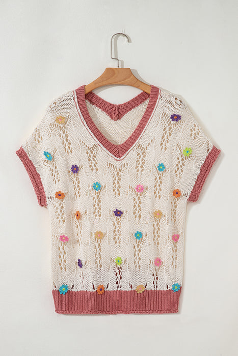Embroidered Flowers Colorblock Crochet Knit Top