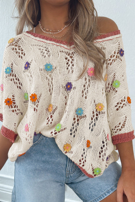 Embroidered Flowers Colorblock Crochet Knit Top