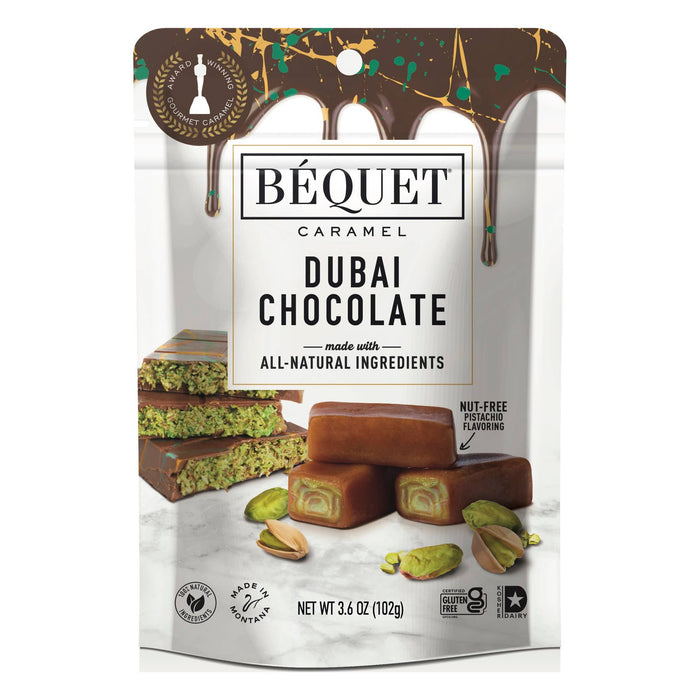 Béquet Gourmet Caramels. 3.6 oz Pouch.  Smore's, Dubai Chocolate or Celtic Sea Salt Caramel