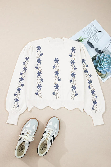 Elegant Floral Embroidered Scallop Hem Sweater Knit Top