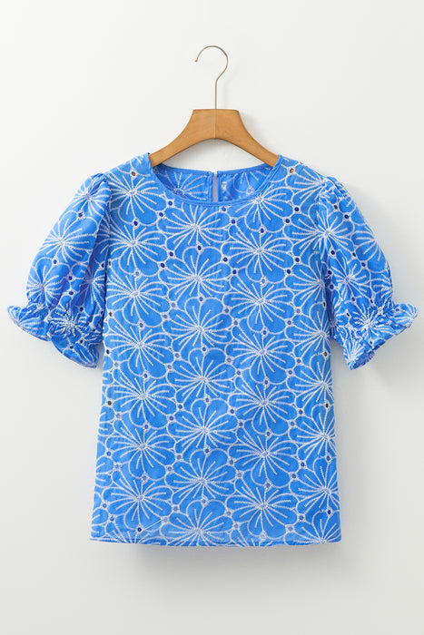 Blue Floral Eyelet Puff Sleeve Blouse