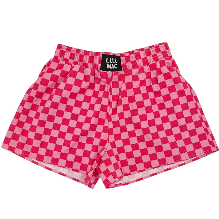 Adult Pink & Pink Checkered Lulu Mac Logo Shorts