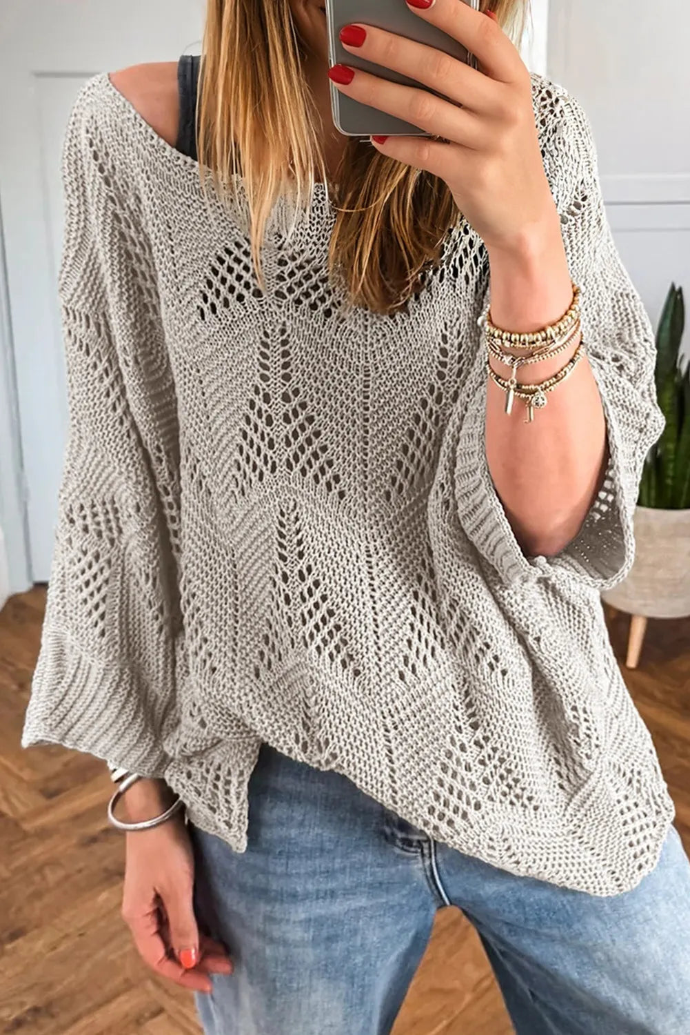 Grey Melange Blue Letter Print Oversize Knit Sweater 18073