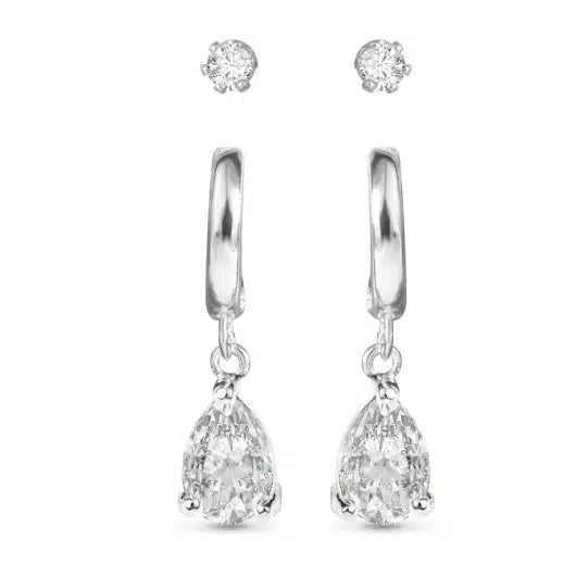 Pear CZ Huggie and CZ Stud Duo Earrings – Silver