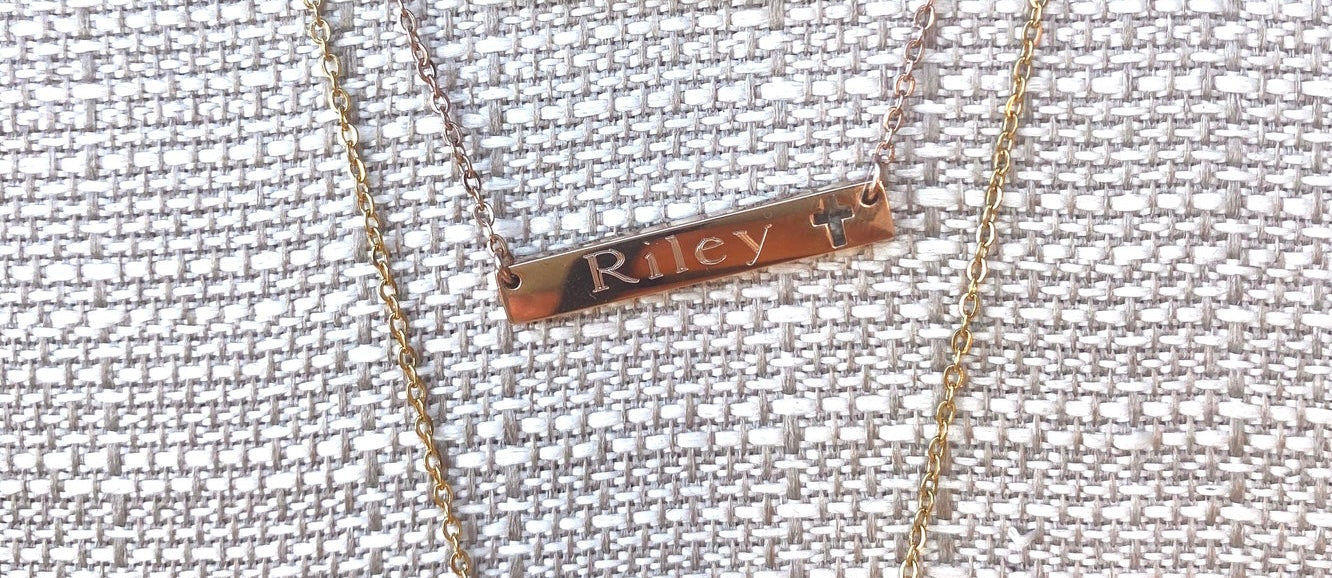 Bar Necklace with a CROSS Cut Out.  Custom Name or Text Included.