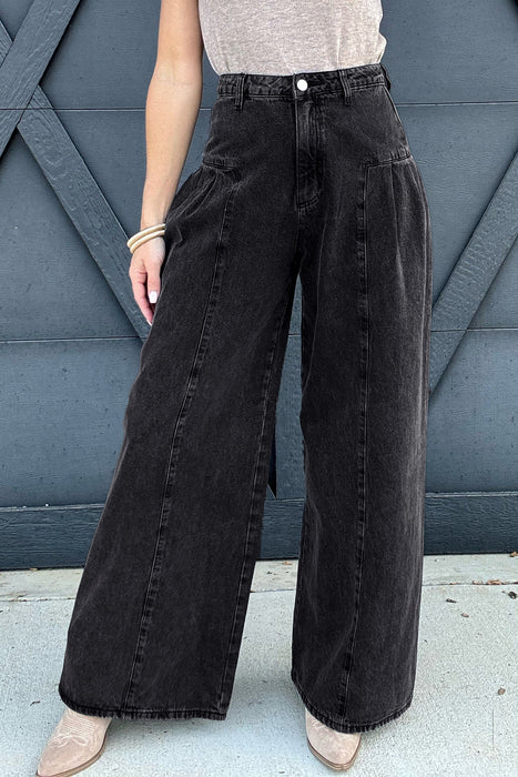 Chic Mineral Wash Pleated Wide-Leg Denim Pants